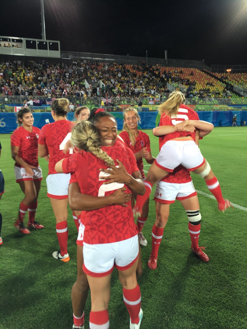 Canada's players celebrates after winning the women's rugby sevens bronze medal match against Great Britain at the Summer Olympics in Rio de Janeiro, Brazil, Monday, Aug. 8, 2016.