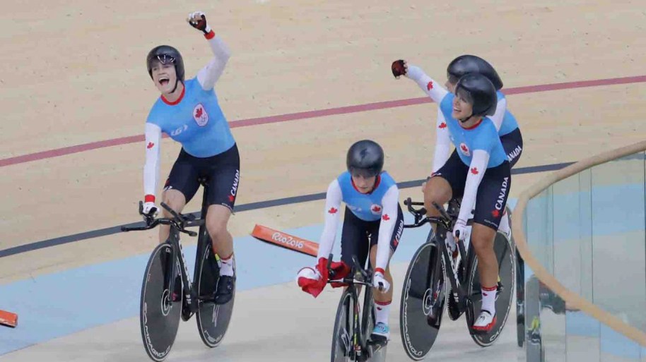 Canada's women's team pursuit team Allison Beveridge, Jasmin Glaesser, Kirsti Lay, and Georgia Simmerling race after winning the bronze medal at the velodrome at the Olympic games in Rio de Janeiro, Brazil, Saturday August 13, 2016. (photo/ Mark Blinch)