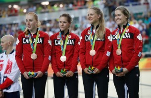 Canada's women's team pursuit team Allison Beveridge, Jasmin Glaesser, Kirsti Lay, and Georgia Simmerling with their bronze medals at the velodrome at the Olympic games in Rio de Janeiro, Brazil, Saturday August 13, 2016. (photo/ Mark Blinch)