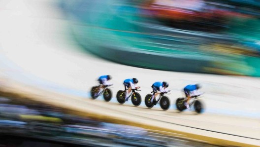 Canada's women's team pursuit team Allison Beveridge, Jasmin Glaesser, Kirsti Lay, and Georgia Simmerling race to qualify for the bronze match in qualifying during track cycling at the velodrome at the Olympic games in Rio de Janeiro, Brazil, Saturday August 13, 2016. COC Photo/Mark Blinch