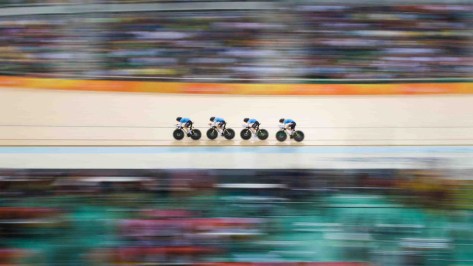 Canada's women's team pursuit team Allison Beveridge, Jasmin Glaesser, Kirsti Lay, and Georgia Simmerling race to qualify for the bronze match in qualifying during track cycling at the velodrome at the Olympic games in Rio de Janeiro, Brazil, Saturday August 13, 2016. COC Photo/Mark Blinch