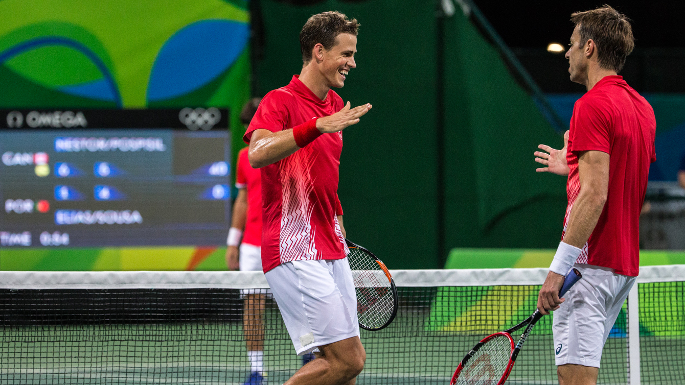 Team Canada's Daniel Nestor and Vasek Pospisil compete against Portugal in the men's second round of doubles tennis, Rio de Janeiro, Brazil, Monday August 8, 2016. COC Photo/David Jackson