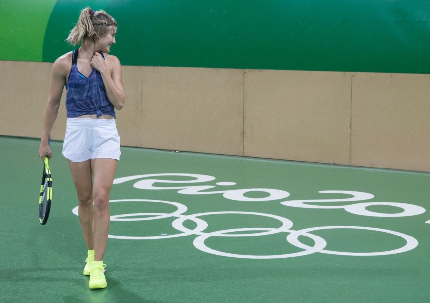 Genie Bouchard practices in rain prior to the Olympic games in Rio de Janeiro, Brazil, Tuesday, August 2, 2016. COC Photo by Jason Ransom