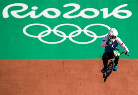 Canada's Tory Nyhaug competes in the BMX seeding at the Olympic games in Rio de Janeiro, Brazil, Wednesday August 17, 2016. COC Photo/Mark Blinch