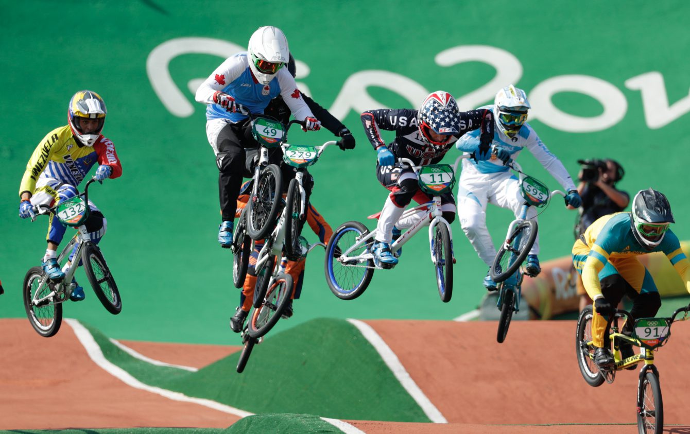 Tory Nyhaug competes in the BMX semifinals at, Rio 2016. (August 19, 2016, COC/Jason Ransom)