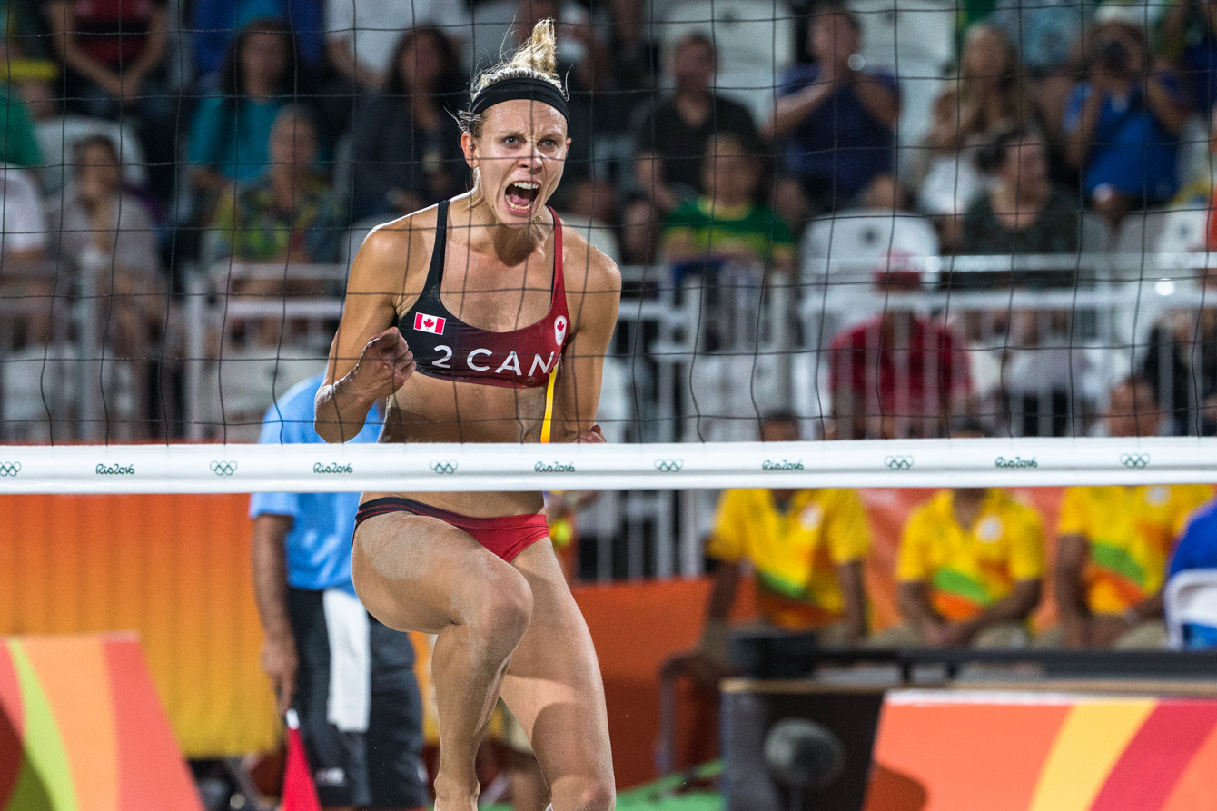 Team Canada's women's beach volleyball duo, Kristina Valjas and Jamie Broder, battle in a preliminary match against Italy, Copacabana Beach, Rio de Janeiro, Brazil, Sunday August 7, 2016. COC Photo/David Jackson