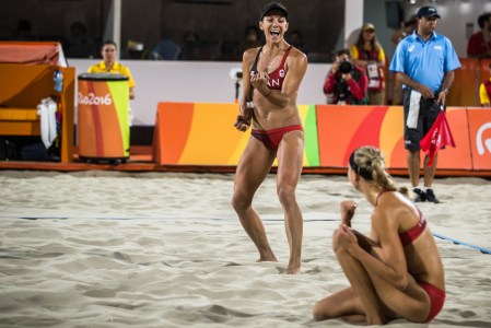 Team Canada's women's beach volleyball duo, Kristina Valjas and Jamie Broder, battle in a preliminary match against Italy, Copacabana Beach, Rio de Janeiro, Brazil, Sunday August 7, 2016. COC Photo/David Jackson