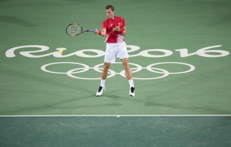 Vasek Pospisil competes against Gael Monfils of France at the Olympic games in Rio de Janeiro, Brazil, Saturday, August 6, 2016. COC Photo by Jason Ransom