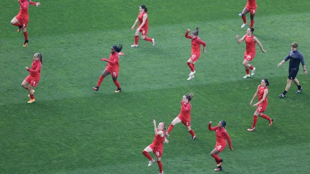 Canada's soccer team warm up before their Women 2016 Summer Olympics football match against Australia, at the Arena Corinthians in Sao Paulo, Brazil, Wednesday, Aug. 3, 2016. (AP Photo/Nelson Antoine)
