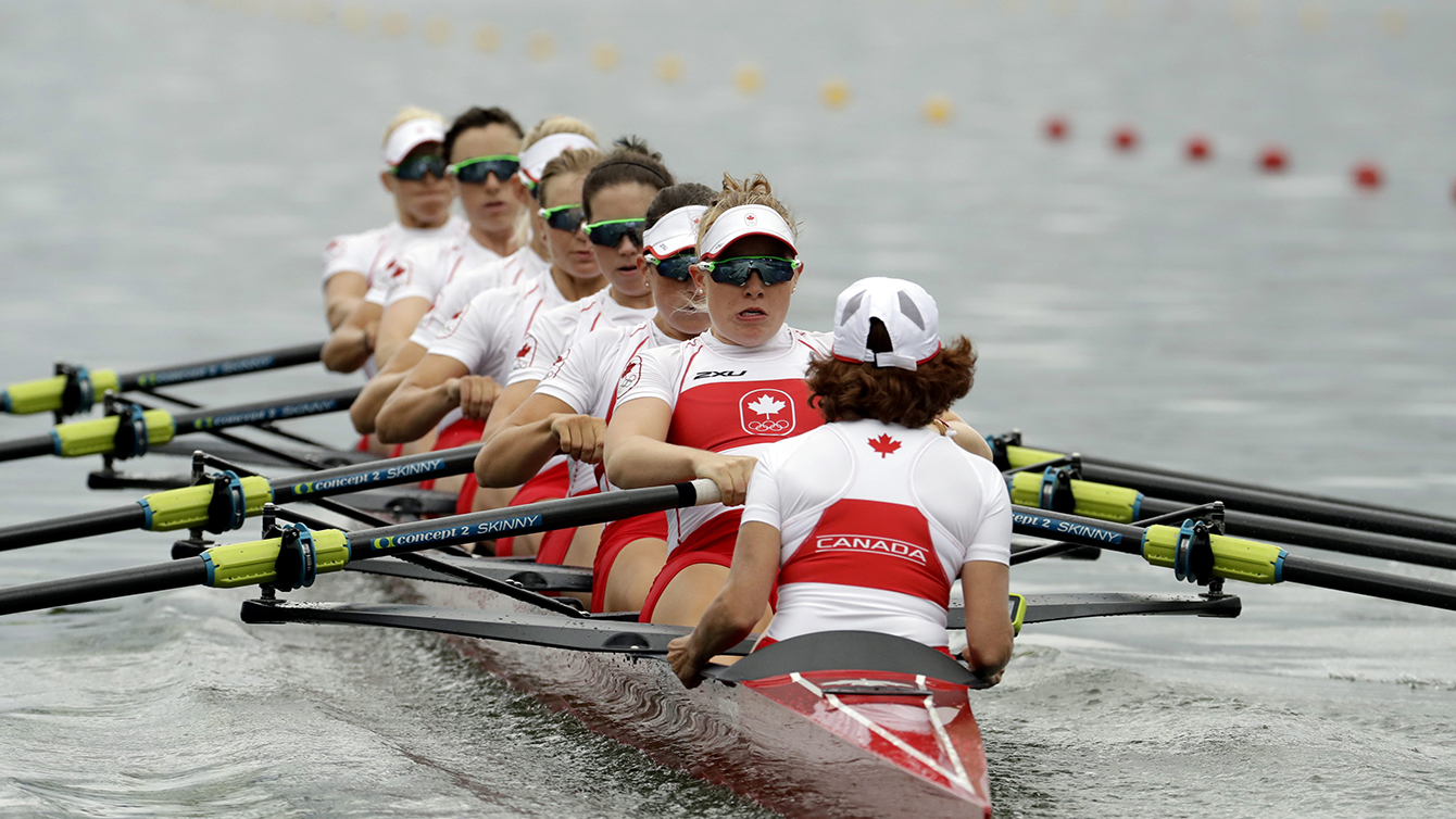 Women's eight boat consisting of Lesley Thompson-Willie, Lauren Wilkinson, Natalie Mastracci, Caileigh Filmer, Lisa Roman, Christine Roper and Cristy Nurse competing in heat one of women's eight. August 8, 2016.