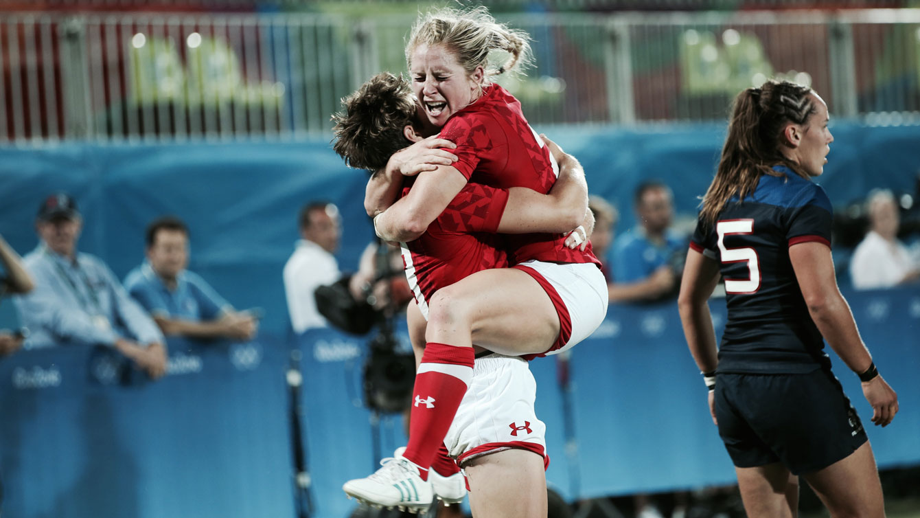 Canada celebrates advancing to the Rio 2016 rugby sevens semifinals on August 7, 2016.