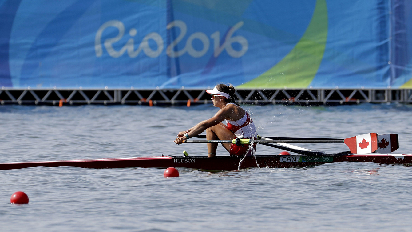 Carling Zeeman, of Canada, competes in the women's single scull heat during the 2016 Summer Olympics in Rio de Janeiro, Brazil, Saturday, Aug. 6, 2016. (AP Photo/Andre Penner)
