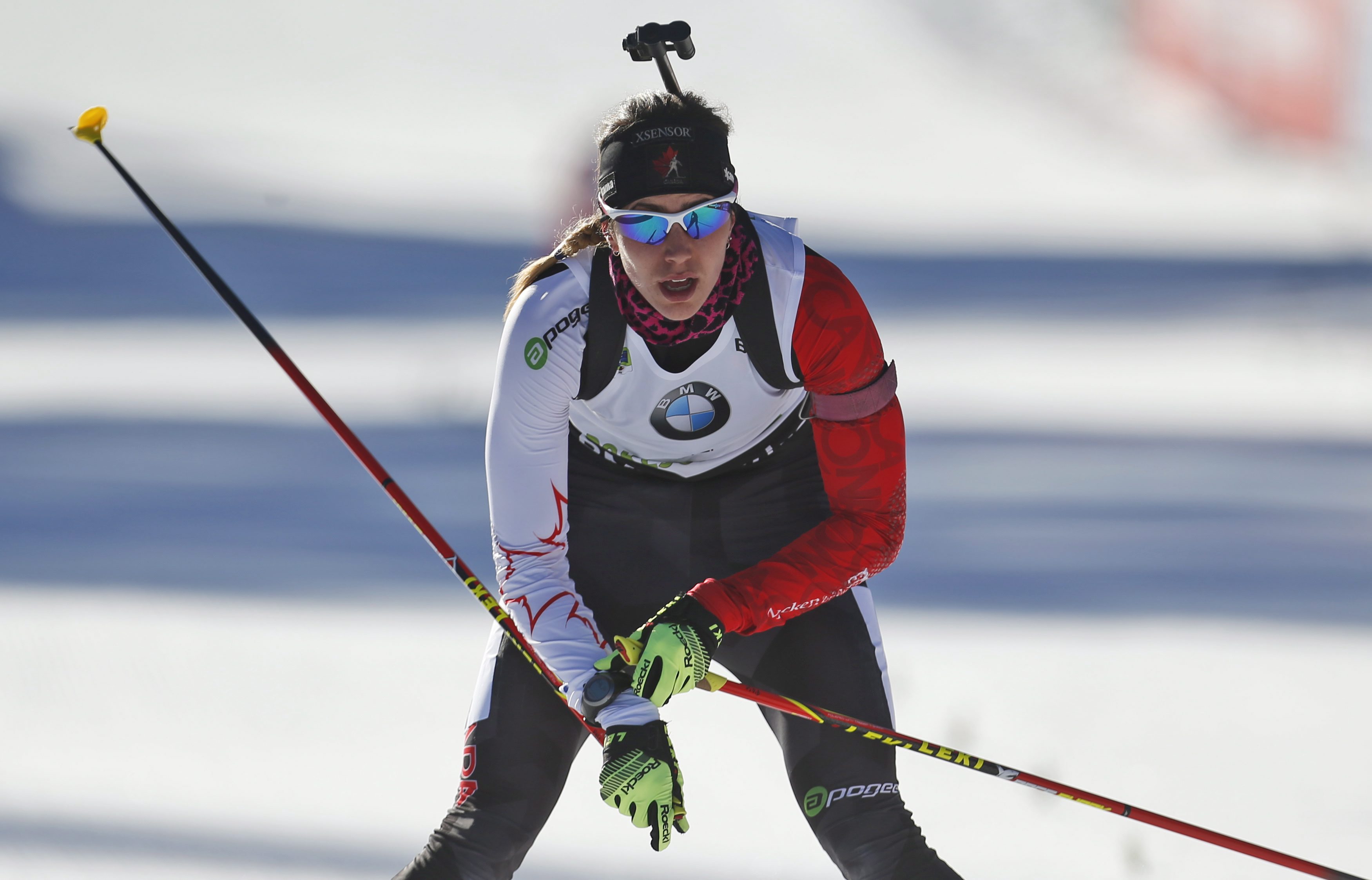 Canada's Rosanna Crawford enters the finish area to place seventh in the women's 10 km pursuit competition at the Biathlon World Cup event, in Pokljuka, Slovenia, Saturday, Dec. 20, 2014. (AP Photo/Darko Bandic)