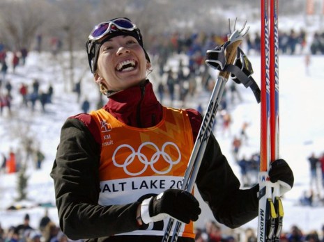 Canada's Beckie Scott, of Vermilion, Alta., celebrates after winning a medal in the women's cross-country pursuit at the Winter Olympics Friday, Feb. 15, 2002, at Soldier Hollow in Midway, Utah. (AP Photo/Andrew Medichini)