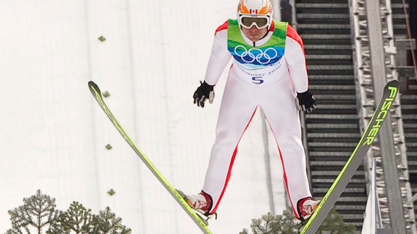 Jason Myslicki jumps in the Olympic nordic combined for Canada at the Olympic Winter Games in Vancouver on February 25, 2010.
