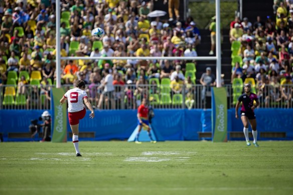Ghislaine Landry kicks a conversion at Rio 2016 (Photo: Paige Stewart).