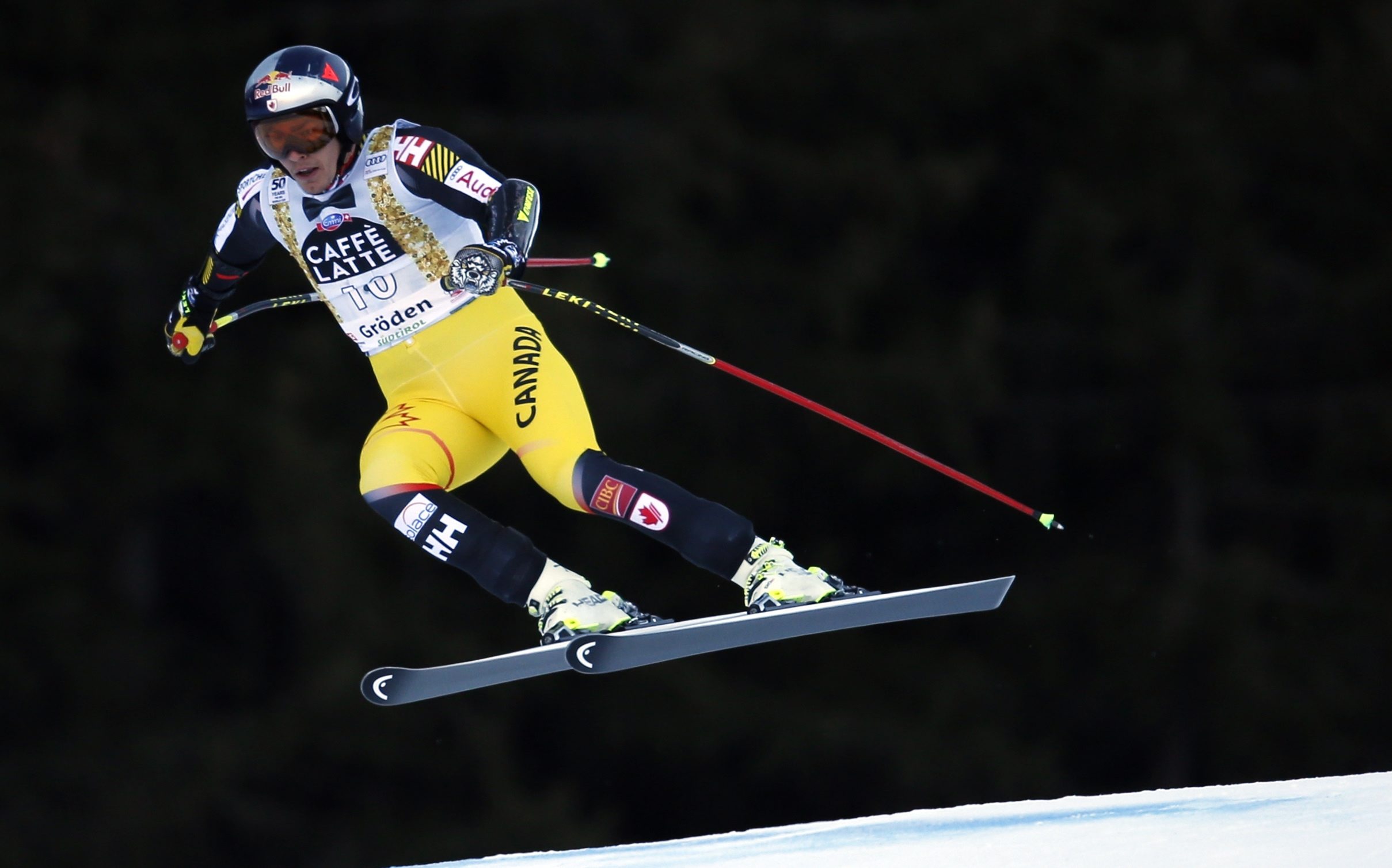 Canada's Erik Guay competes during an alpine ski, men's World Cup super-G, in Val Gardena, Italy, Friday, Dec. 16, 2016. (AP Photo/Marco Trovati)