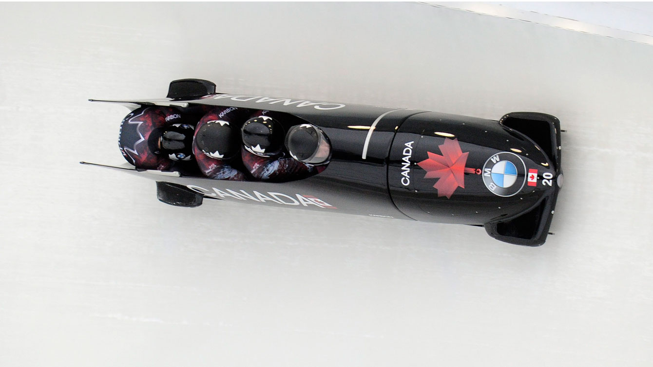 Chris Spring, Cameron Stones, Lascelles Brown and Samuel Giguere race to a World Cup bronze in Lake Placid on Dec. 17, 2016. (AP Photo/Hans Pennink) 