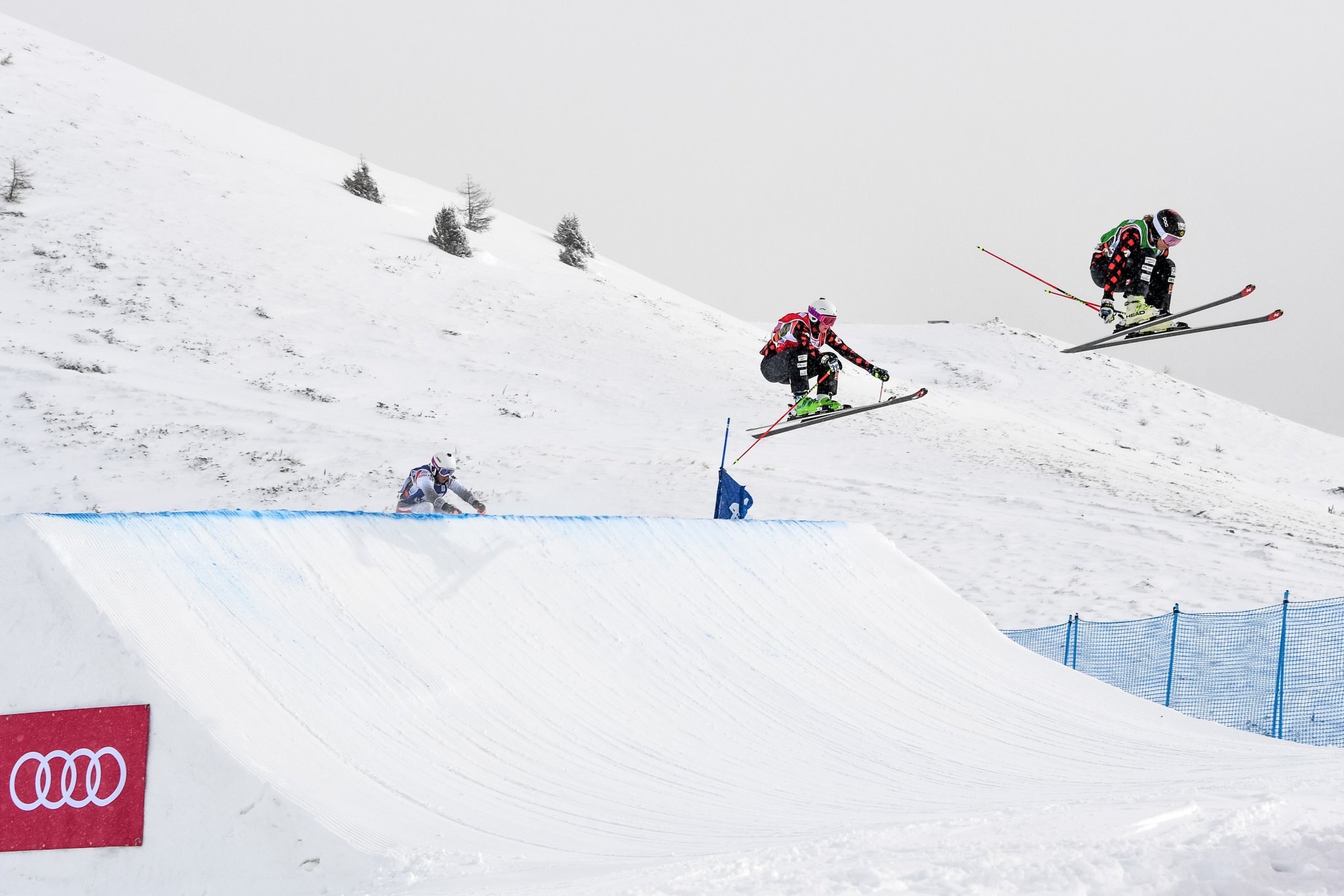 Marielle Thompson (leading) and Georgia Simmerling (in second) compete in the heats of the ski cross World Cup in Watles, Italy