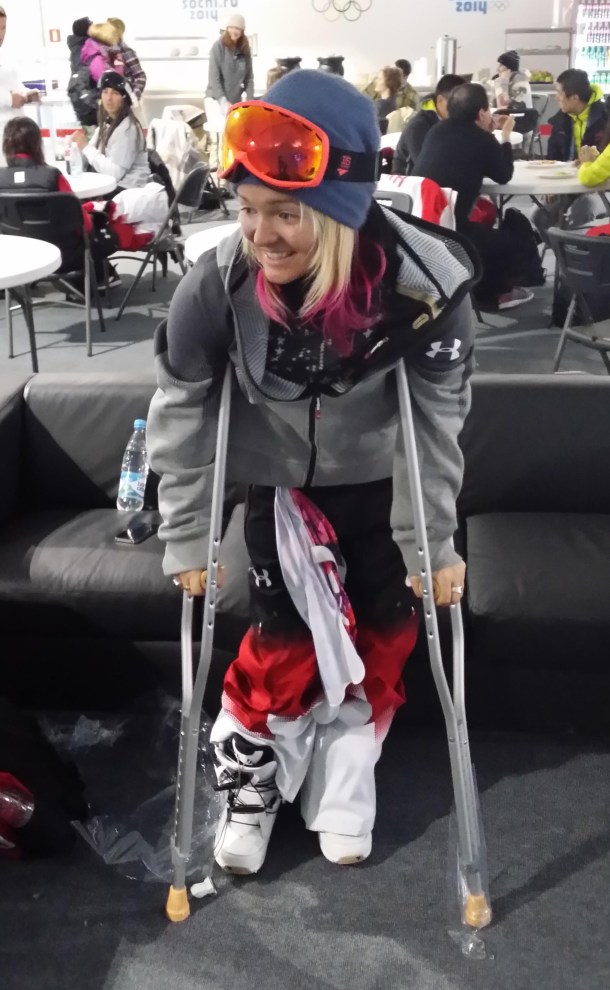 Mercedes Nicoll on crutches the day after the women's halfpipe competition at Sochi 2014