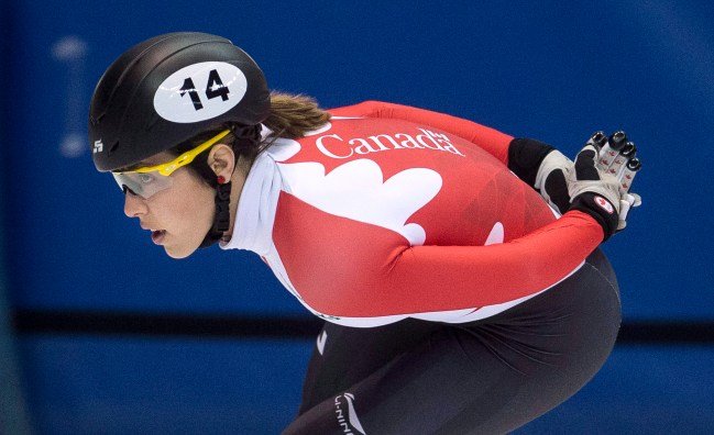 Valerie Maltais rounds the track during a short track speed skating practice Wednesday, January 11, 2017 in Montreal. THE CANADIAN PRESS/Paul Chiasson