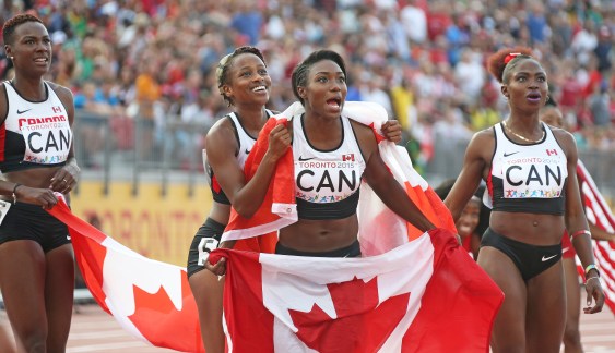 Crystal Emmanuel, Kimberly Hyacinthe, Jellisa Westney and Khamica Bingham win bronze in the 4x100m relay at the 2015 Pan Am Games in Toronto Photo: Claus Andersen