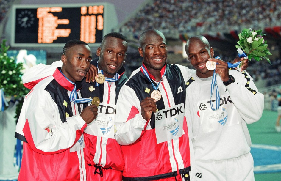 Robert Esmie, Bruny Surin, Glenroy Gilbert and Donovan Bailey with their 4x100m relay gold medals from the 1997 IAAF World Championships in Athens Photo: Claus Andersen