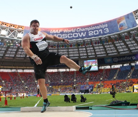 Dylan Armstrong competes in the shot put at the 2013 IAAF World Championships Photo: Claus Andersen