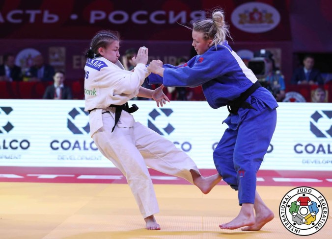 Jessica Kilmkait (right) fights for her first IJF Grand Slam medal - a bronze - in Ekaterinburg, Russia on May 20, 2017 (Photo: IJF).
