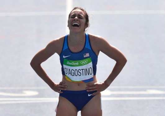 United States' Abbey D'Agostino after competing in a women's 5000-meter heat during the athletics competitions of the 2016 Summer Olympics at the Olympic stadium in Rio de Janeiro, Brazil, Tuesday, Aug. 16, 2016. (AP Photo/Martin Meissner)