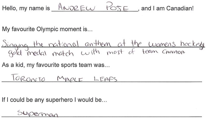 Team Canada - Andrew Poje hi my name is response 1