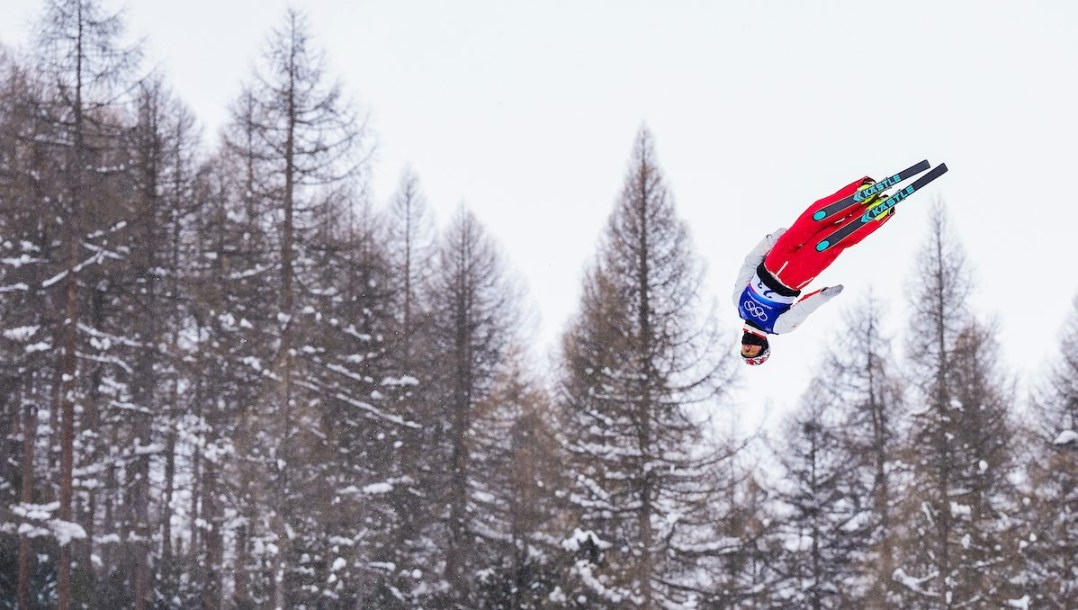 Lewis Irving competes in freestyle skiing.