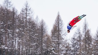 Lewis Irving competes in freestyle skiing.