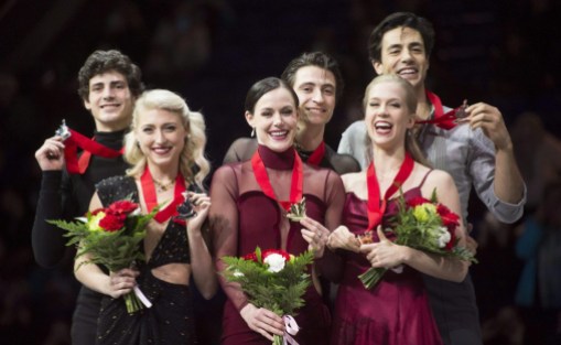Team Canada Ice Dance Podium 2018 Nationals Ice dance gold medallists Tessa Virtue and Scott Moir, centre, silver medallists, Piper Gilles and Paul Poirier, left, and bronze medallists Kaitlyn Weaver and Andrew Poje, right, hold their medals following the 2018 Canadian National Skating Championships in Vancouver, B.C., Saturday, Jan. 13, 2018. THE CANADIAN PRESS/Jonathan Hayward