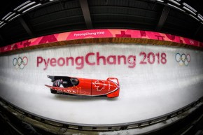 Fish eye lens of bobsleigh on track