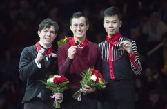 Senior men gold medallist Patrick Chan, centre, silver medallist Keegan Messing, left, and bronze medallist Nam Nguyen show their medals following the 2018 Canadian National Skating Championships