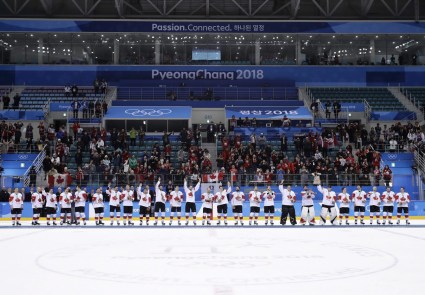 Canada hockey team celebrate with their bronze medals after beating the Czech Republic in the men's bronze medal hockey game at the 2018 Winter Olympics in Gangneung, South Korea, Saturday, Feb. 24, 2018. (AP Photo/Matt Slocum)