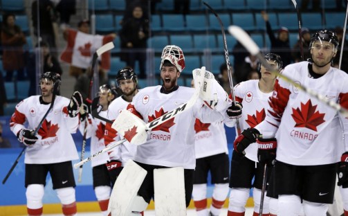 Pyeongchang Olympics Ice Hockey Men Goalie Kevin Poulin (31), of Canada, celebrates after the men's bronze medal hockey game against the Czech Republic at the 2018 Winter Olympics in Gangneung, South Korea, Saturday, Feb. 24, 2018. Canada won 6-4. (AP Photo/Matt Slocum)