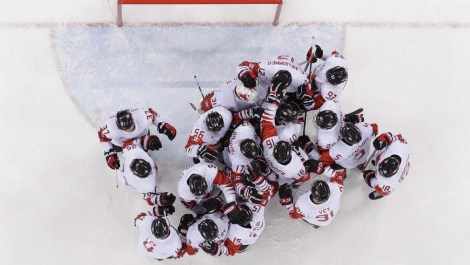 Canada hockey team celebrats after the men's bronze medal hockey game against the Czech Republic at the 2018 Winter Olympics in Gangneung, South Korea, Saturday, Feb. 24, 2018. Canada won 6-4.(AP Photo/Jae C. Hong)
