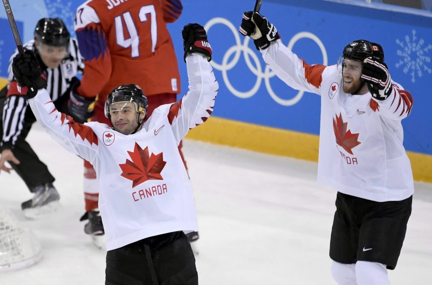 SATURDAY OLYMPIC REPEATS Canada forward Wojciech Wolski (8) celebrates his goal with teammate Quinton Howden (16) during third period men's hockey bronze medal game action against Czech Republic at the 2018 Olympic Winter Games, in Pyeongchang, South Korea, on Saturday, February 24, 2018. THE CANADIAN PRESS/Nathan Denette