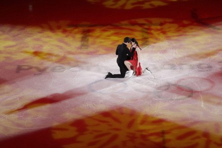 Tessa Virtue and Scott Moir of Canada perform during the figure skating exhibition gala in the Gangneung Ice Arena at the 2018 Winter Olympics in Gangneung, South Korea, Sunday, Feb. 25, 2018. (AP Photo/Felipe Dana)