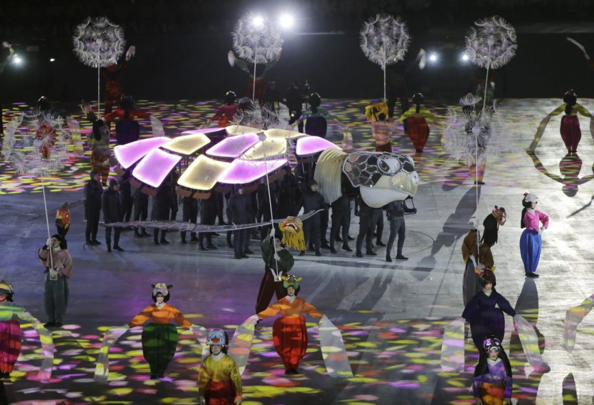 Performers act out a scene during the closing ceremony of the 2018 Winter Olympics in Pyeongchang, South Korea, Sunday, Feb. 25, 2018. (AP Photo/Michael Probst)