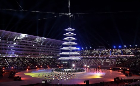 Lighting of the prayer pagoda during the closing ceremonies at the 2018 Pyeongchang Olympic Winter Games in Pyeongchang, South Korea, on Sunday, February 25, 2018. THE CANADIAN PRESS/Nathan Denette