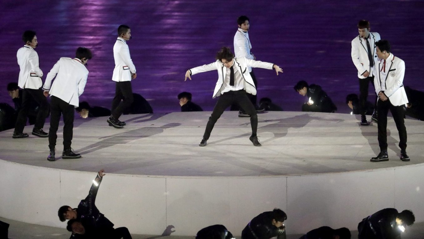 EXO performs during the closing ceremony of the 2018 Winter Olympics in Pyeongchang, South Korea, Sunday, Feb. 25, 2018. (AP Photo/Chris Carlson)