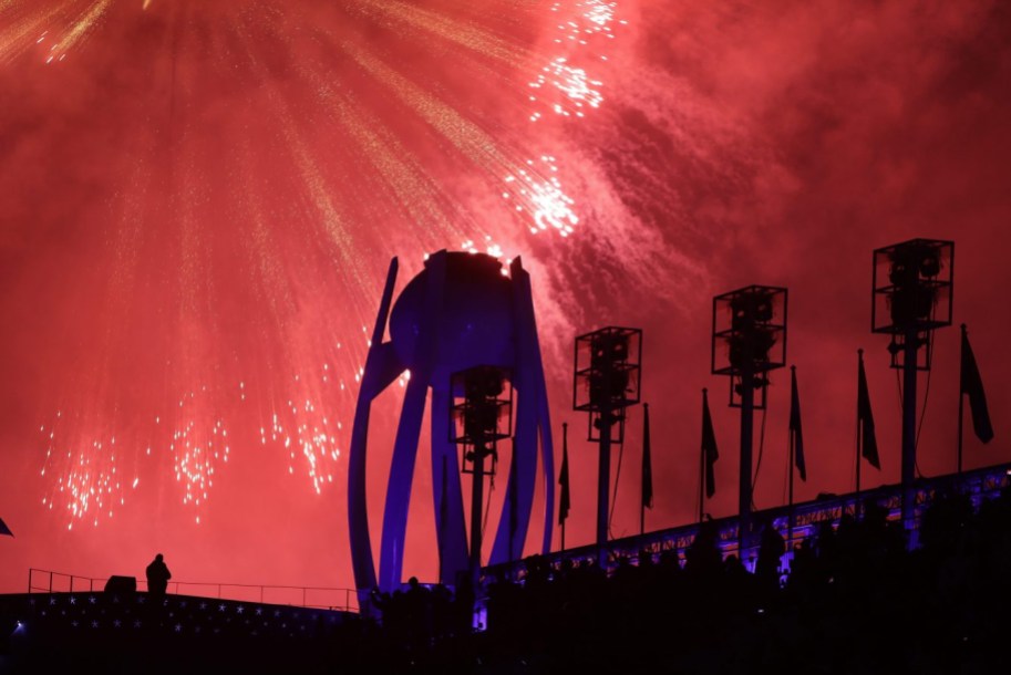 Pyeongchang Olympics Closing Ceremony Fireworks explode over the extinguished Olympic cauldron during the closing ceremony of the 2018 Winter Olympics in Pyeongchang, South Korea, Sunday, Feb. 25, 2018. (AP Photo/Michael Probst)