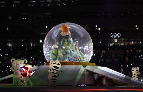 Olympic mascots stand by a snow globe during the closing ceremony of the 2018 Winter Olympics in Pyeongchang, South Korea, Sunday, Feb. 25, 2018. (AP Photo/Kirsty Wigglesworth)