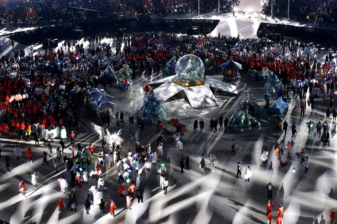 Athletes and performers leave the closing ceremony of the 2018 Winter Olympics in Pyeongchang, South Korea, Sunday, Feb. 25, 2018. (AP Photo/Charlie Riedel)