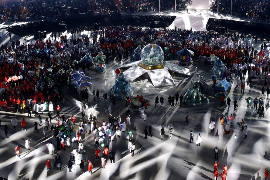 Athletes and performers leave the closing ceremony of the 2018 Winter Olympics in Pyeongchang, South Korea, Sunday, Feb. 25, 2018. (AP Photo/Charlie Riedel)