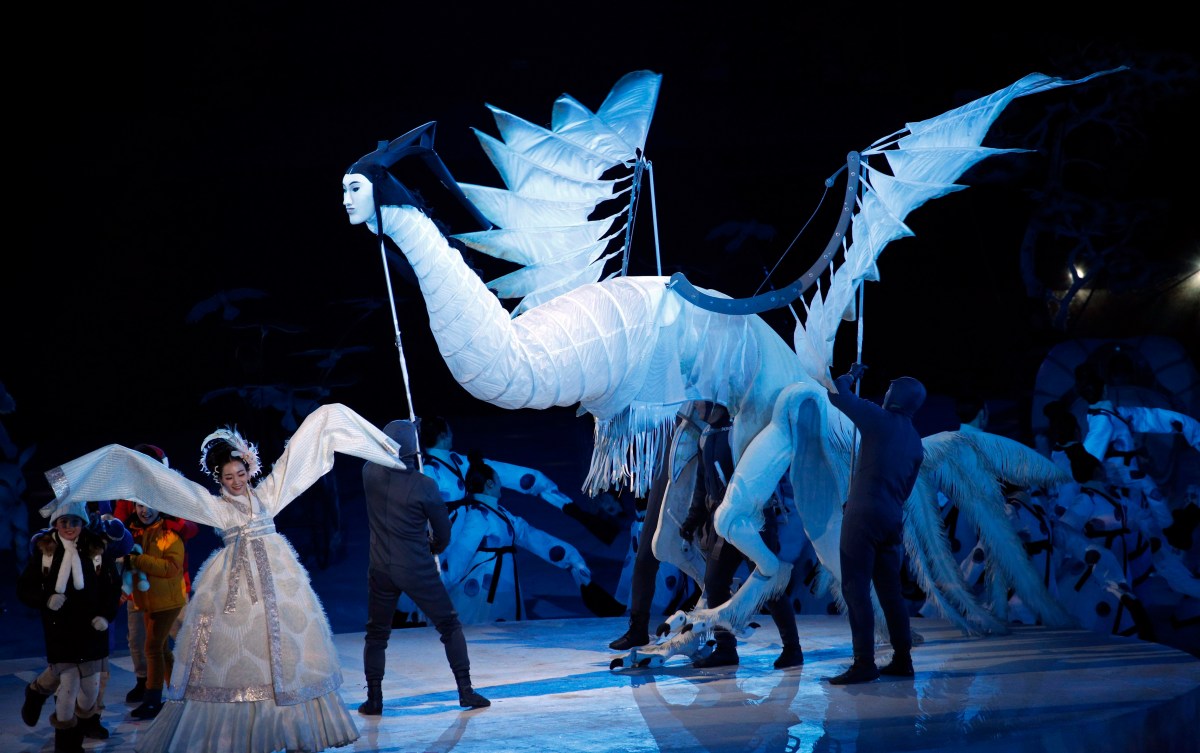 A giant white dragon at the 2018 Olympic Opening Ceremony 