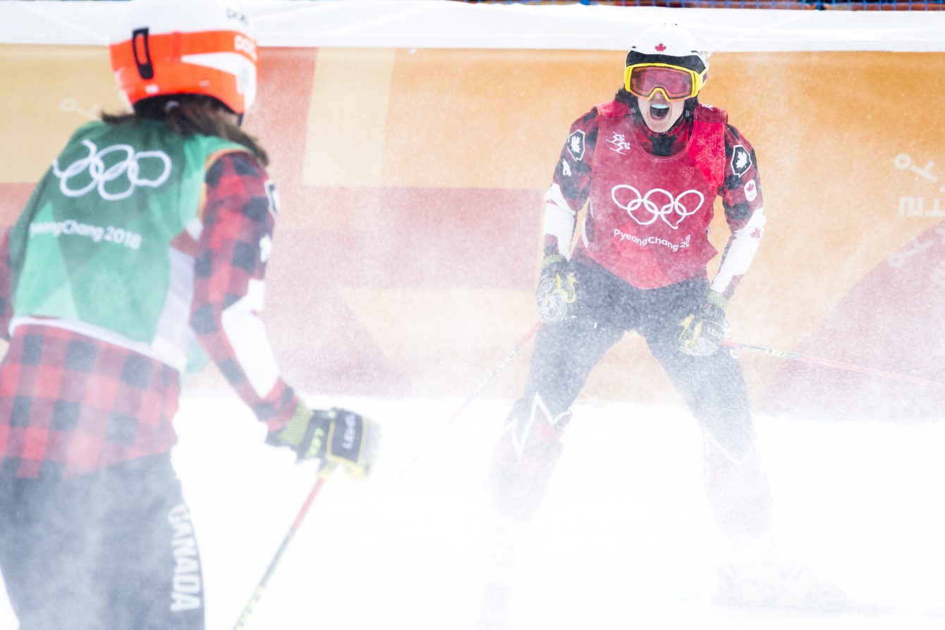 Team Canada's Kelsey Serwa and Brittany Phelan win Gold and Silver in the Ladies Ski Cross at Phoenix Snow Park during the PyeongChang 2018 Olympic Winter Games in Bokwang, South Korea, Friday, February 23, 2018. COC – David Jackson